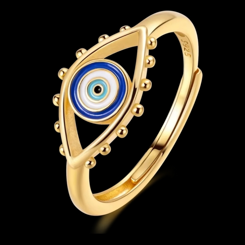 Mystic Blue Evil Eye 925 Gold Ring Sz 6